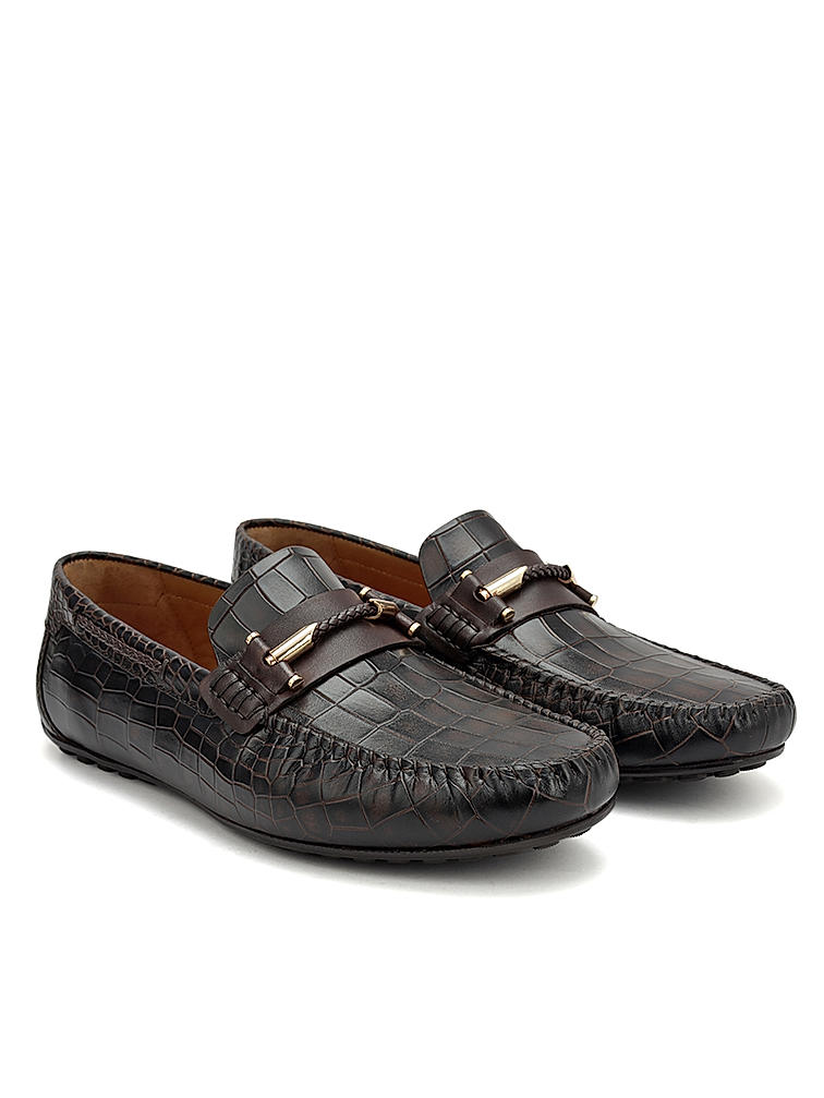 Brown Croco Textured Moccasins