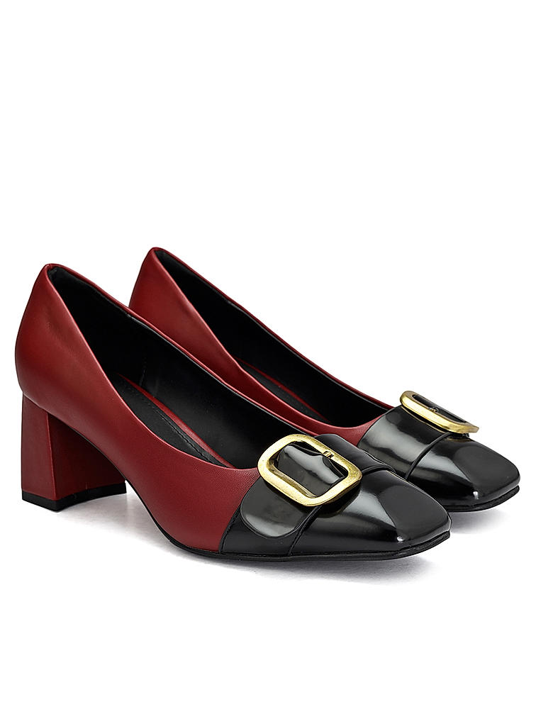 Red & Black Buckle Embellished Block Heels