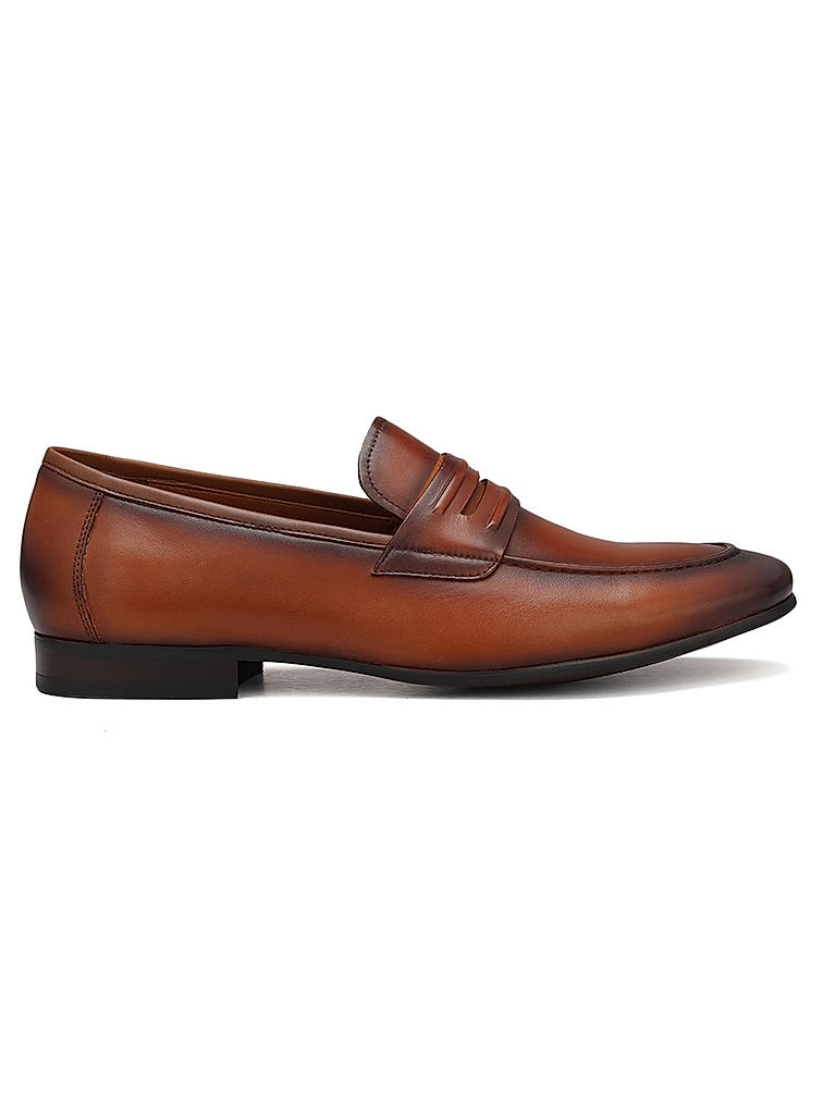 Tan Leather Loafers With Panel