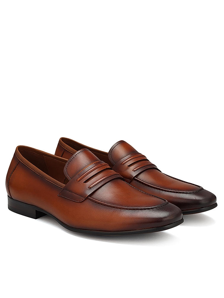 Tan Leather Loafers With Panel