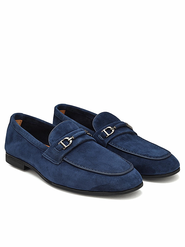 Blue Suede Leather Loafers With Buckle