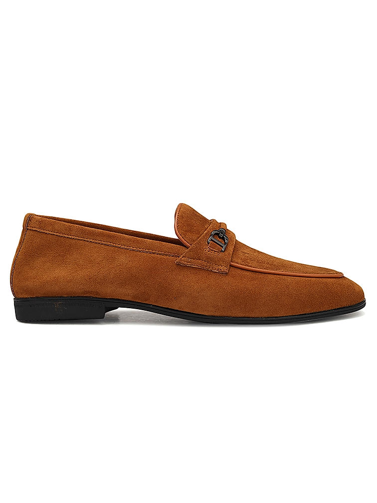 Camel Suede Leather Loafers With Buckle