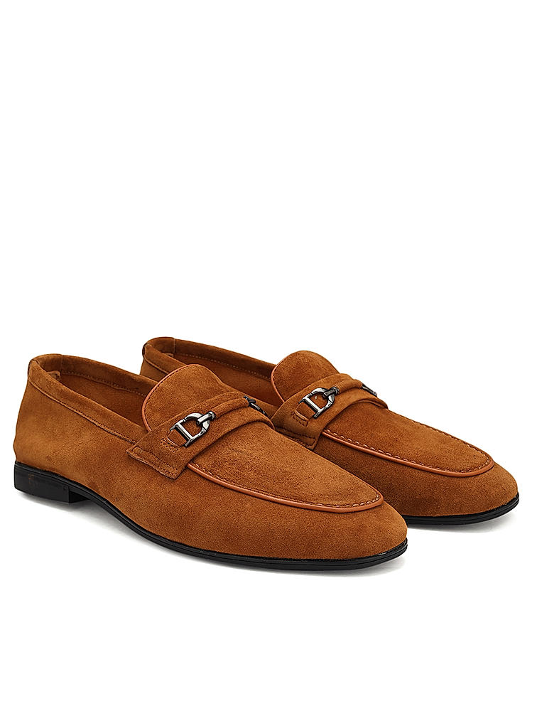 Camel Suede Leather Loafers With Buckle