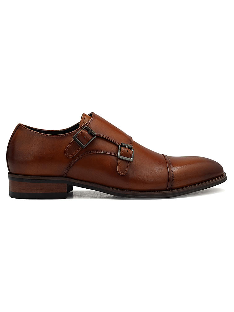 Tan Leather Double Monk Strap Shoes