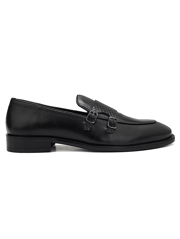 Black Textured Leather Monk Straps