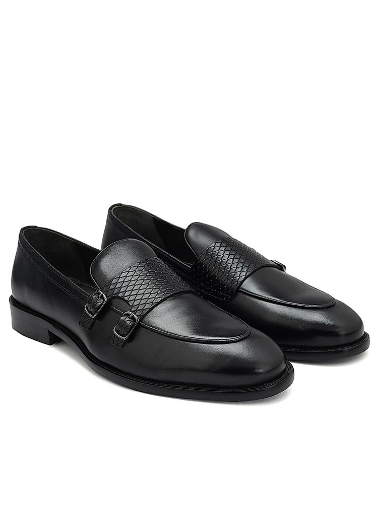 Black Textured Leather Monk Straps