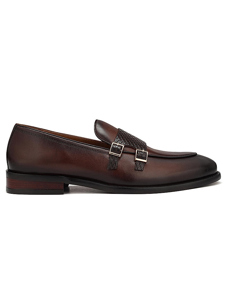 Coffee Textured Leather Monk Straps