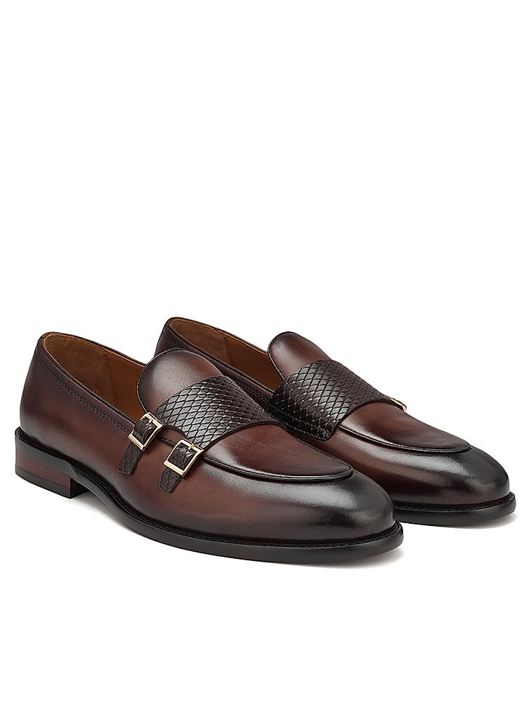 Coffee Textured Leather Monk Straps