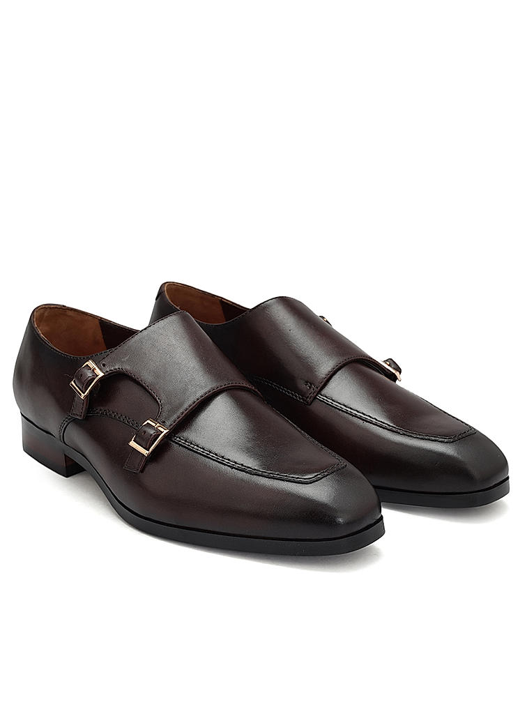 Coffee Plain Leather Monk Straps