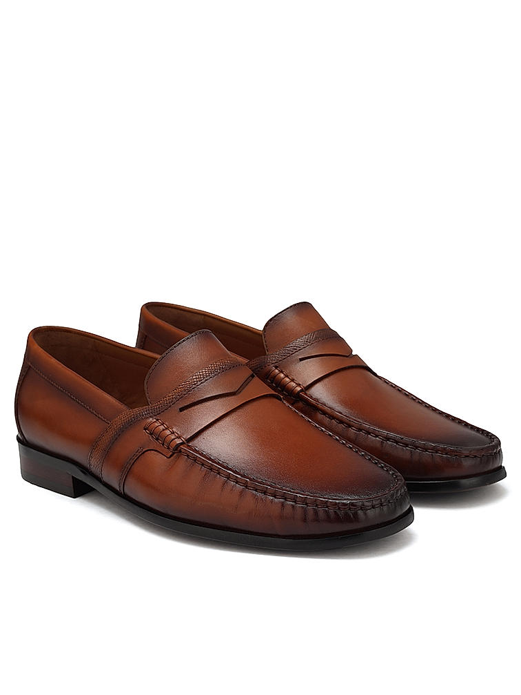 Tan Leather Loafers With Panel