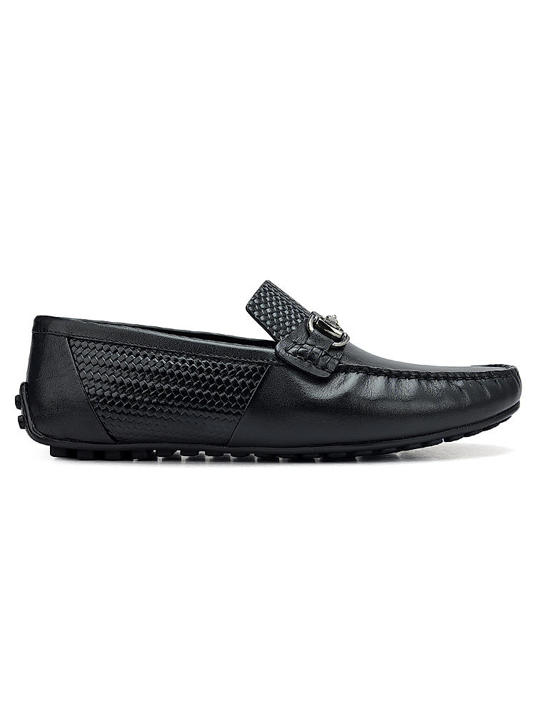 Black Textured Leather Moccasins