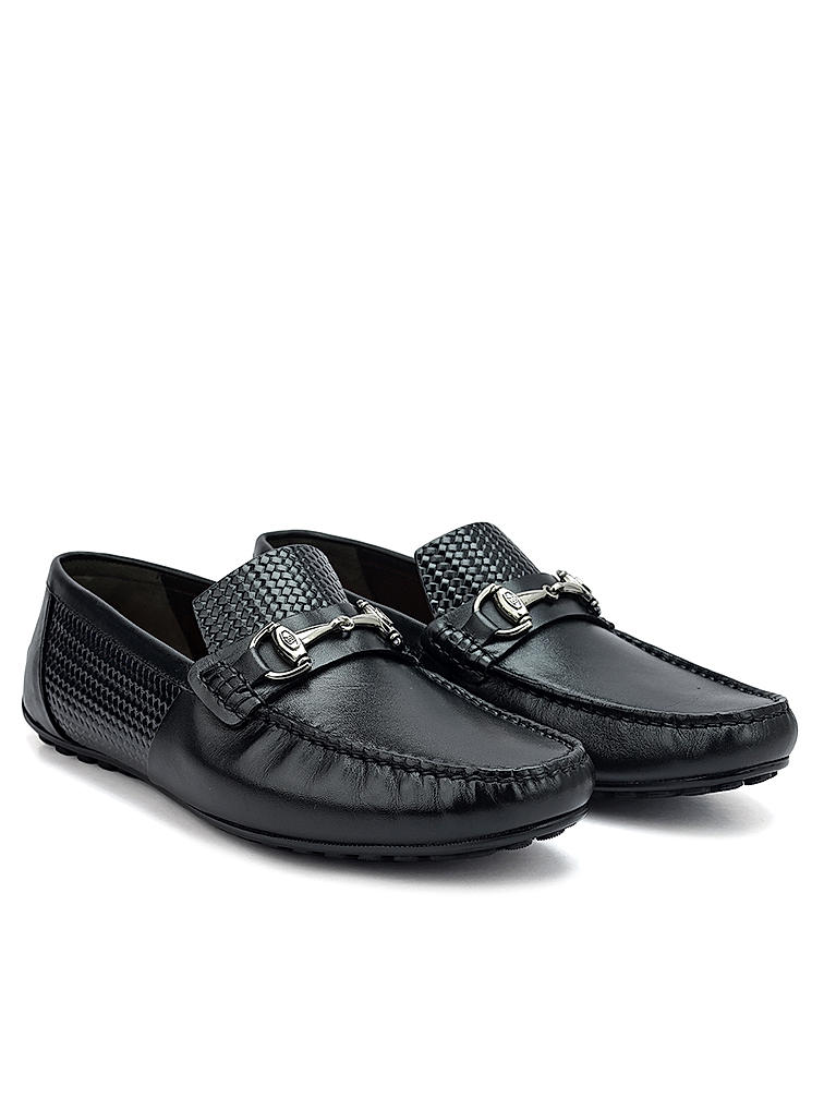 Black Textured Leather Moccasins