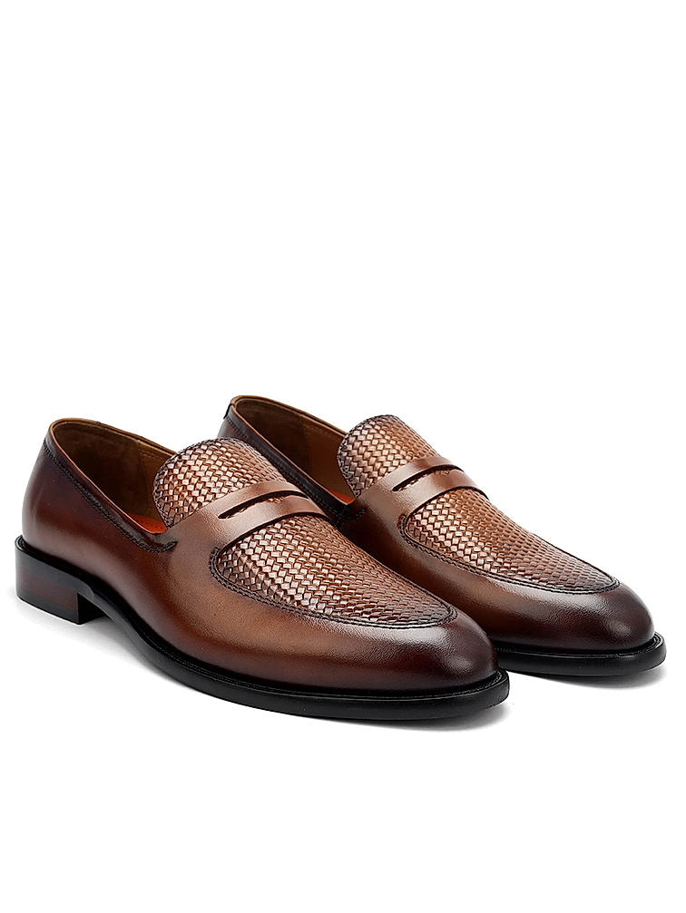 Tan Textured Leather Loafers