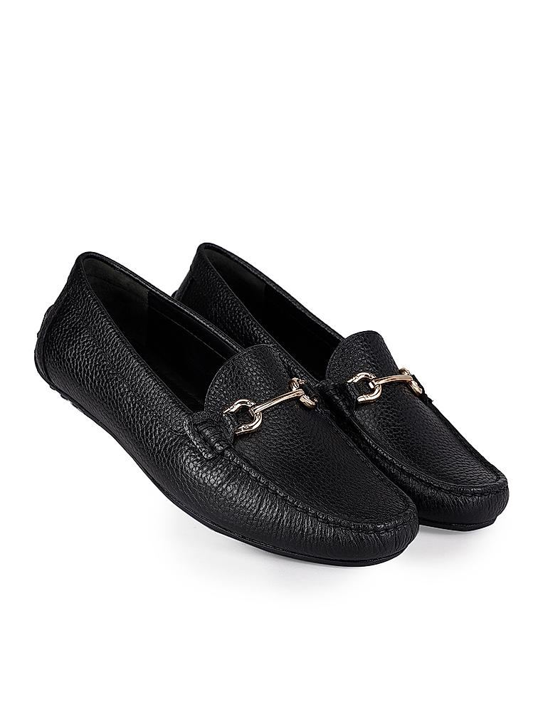 Black Leather Moccasins With Buckle