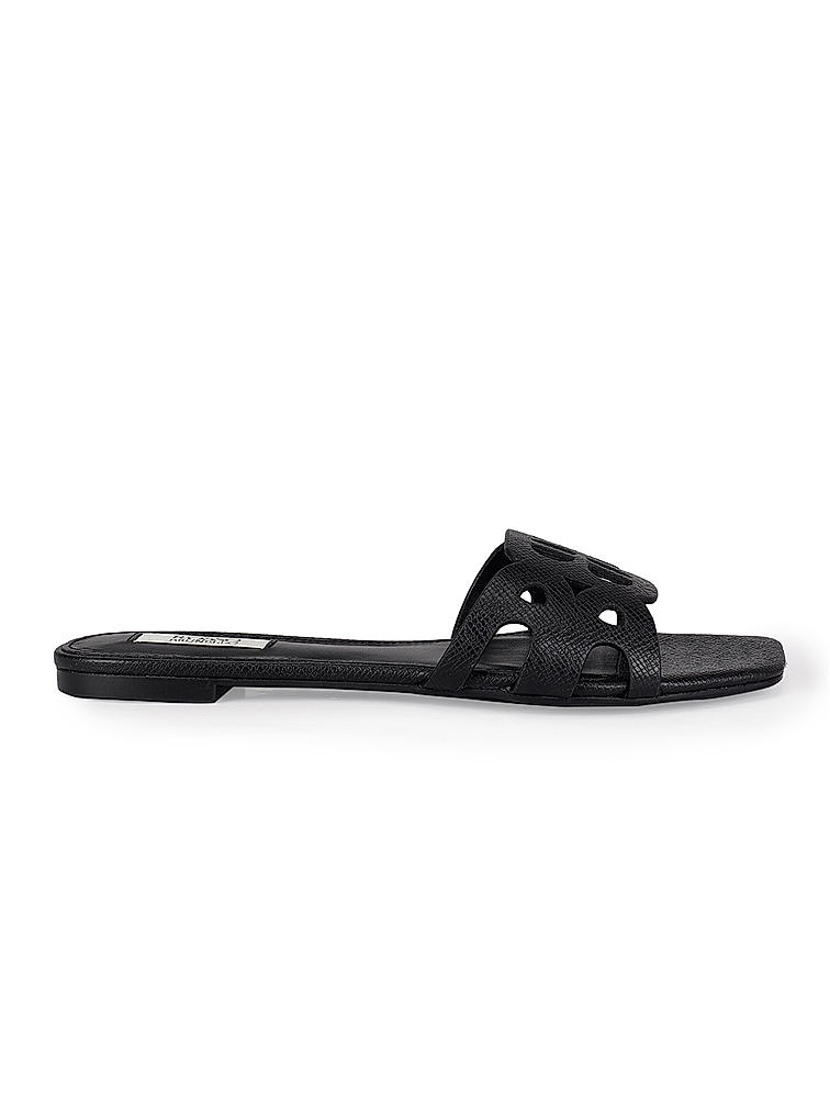 Black Textured Leather Sliders