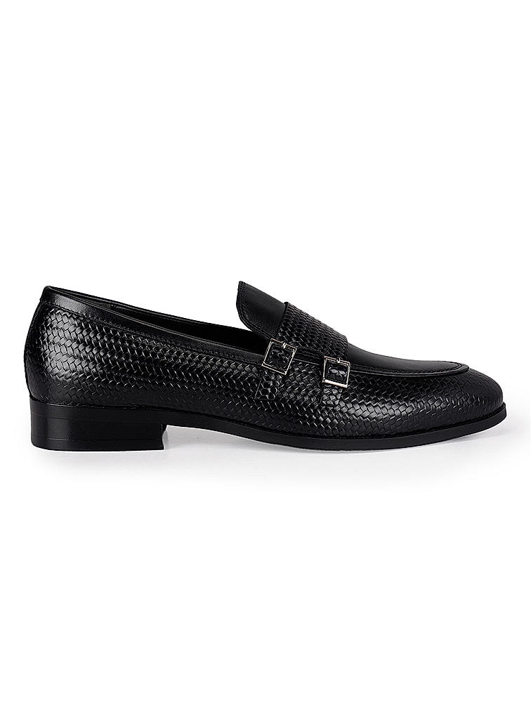 Black Textured Leather Monk Straps