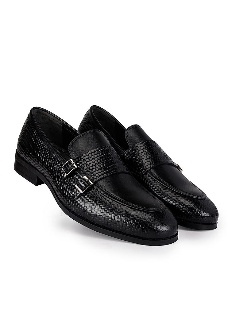 Black Textured Leather Monk Straps