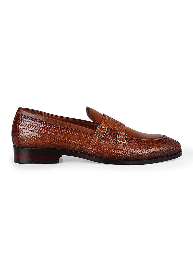 Tan Textured Leather Monk Straps