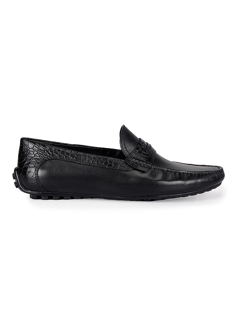 Black Leather Moccasins With Panel On Top