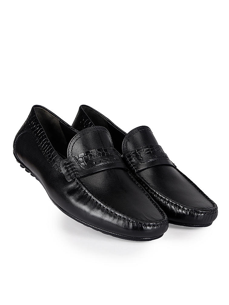 Black Leather Moccasins With Panel On Top