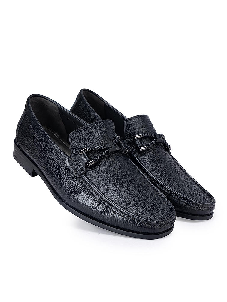 Black Braided Leather Heel Moccasins