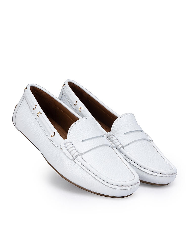 White Moccasins With Leather Panel