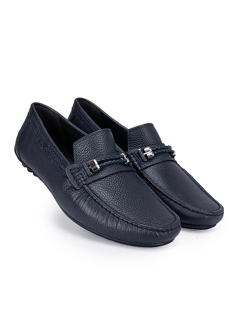 Navy Braided Leather Moccasins