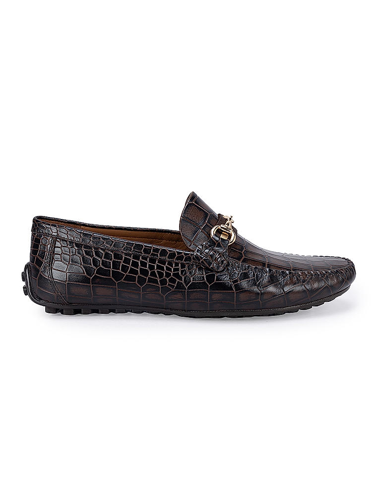 Coffee Croco Leather Moccasins