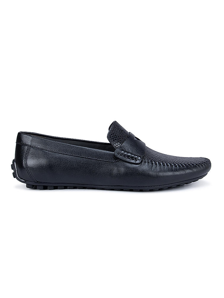 Black Textured Moccasins With Leather Panel