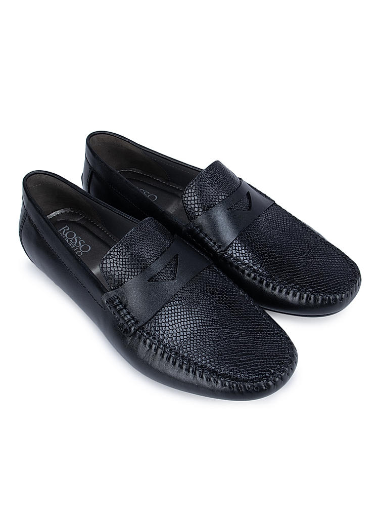 Black Textured Moccasins With Leather Panel