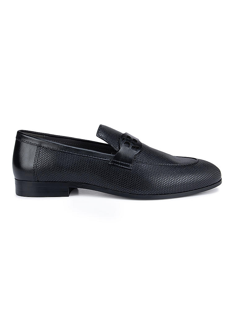 Black Textured Loafers With Logo Strap