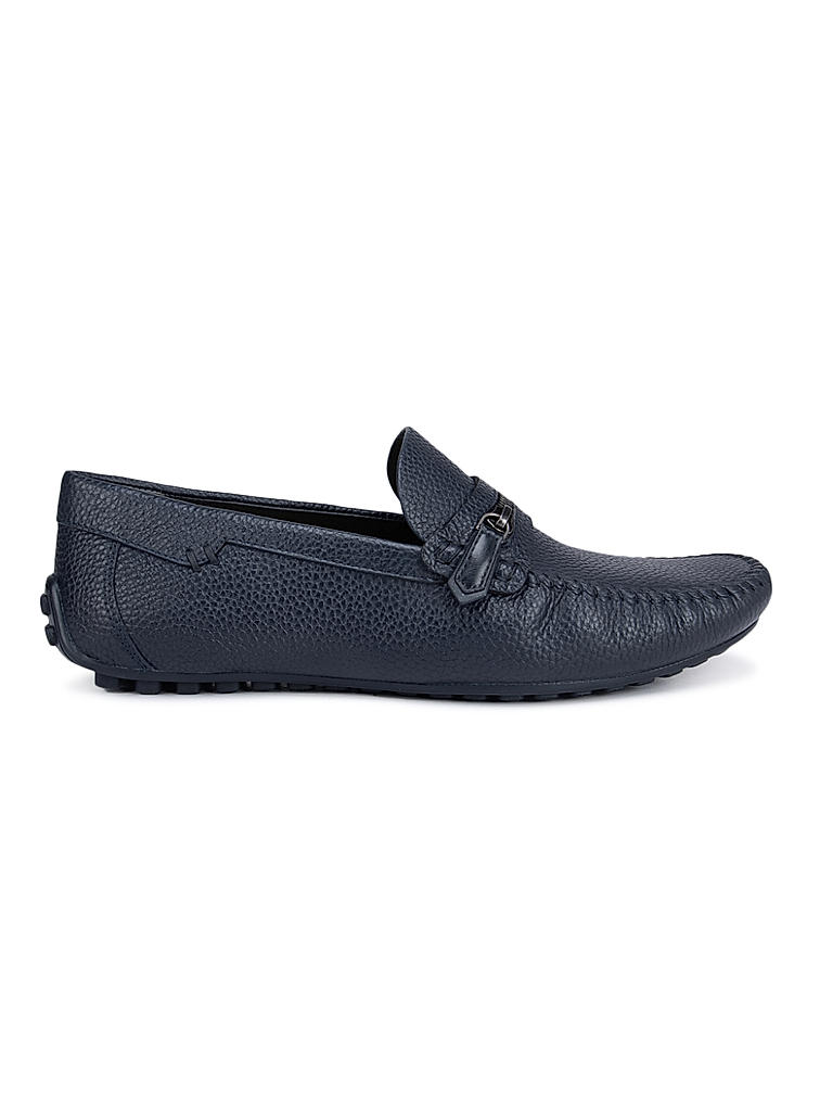 Navy Textured Moccasins With Zipper Detail