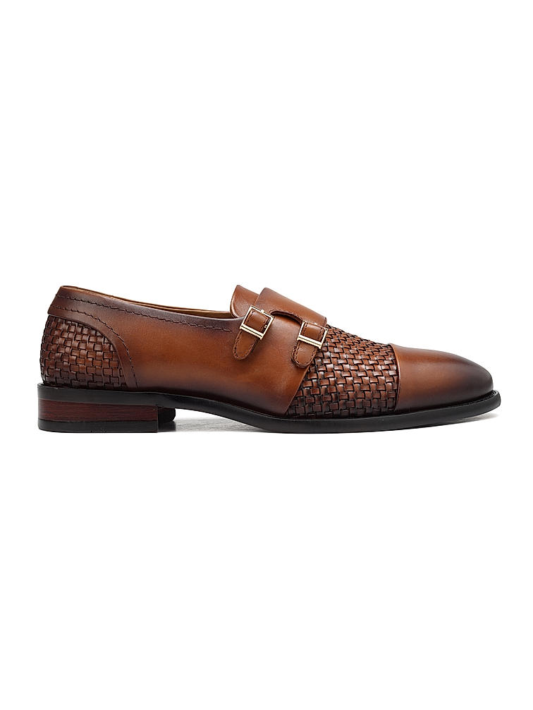 Tan Textured Leather Monk Straps