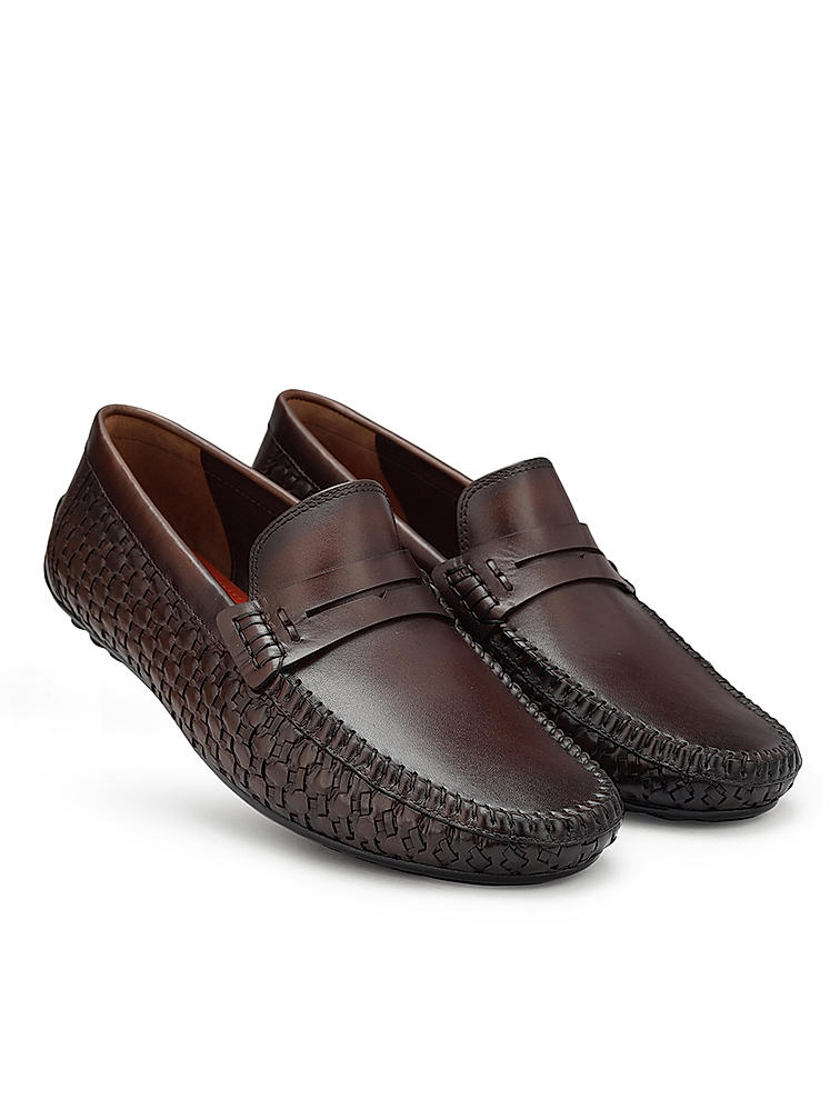 Coffee Textured Leather Moccasins