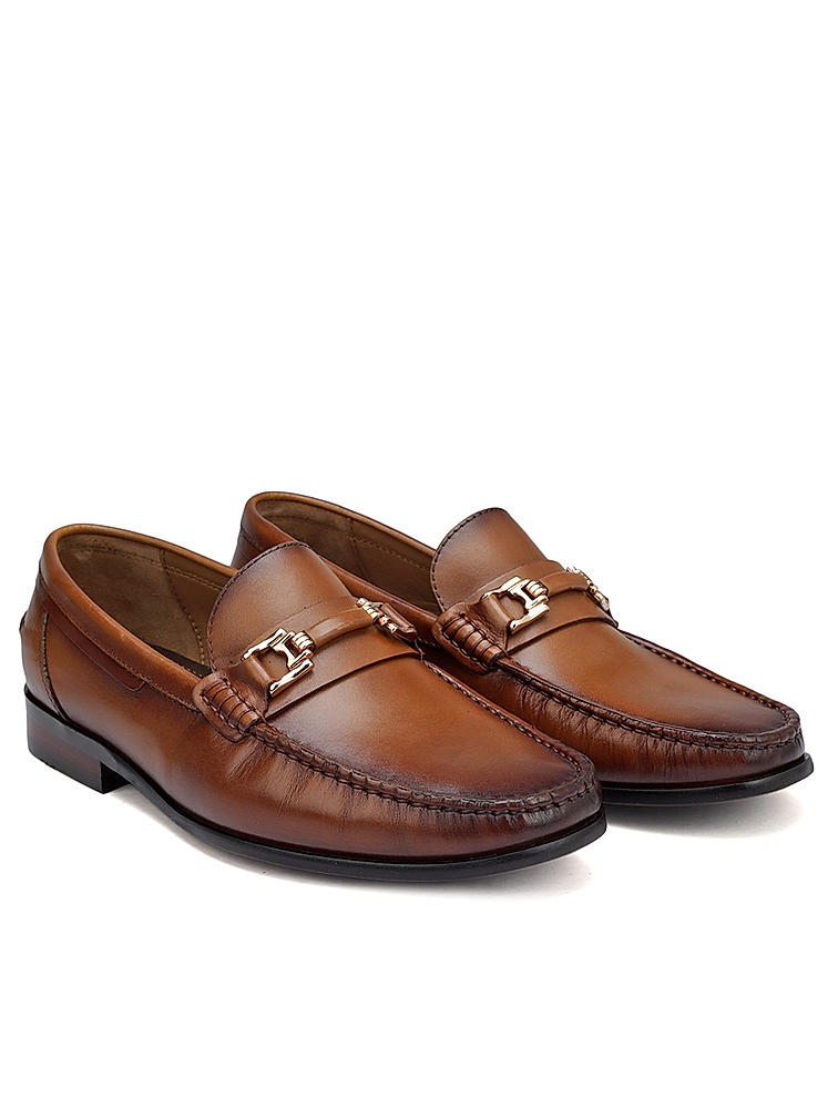 Tan Leather Loafers With Panel On Top