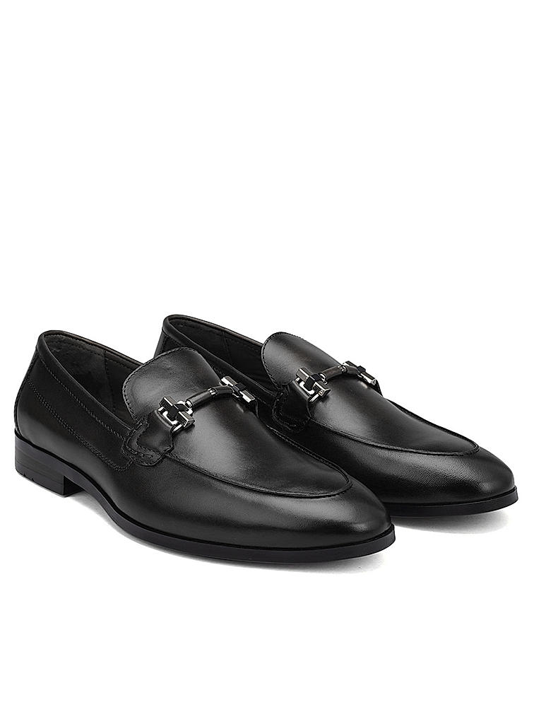 Black Plain Leather Loafers