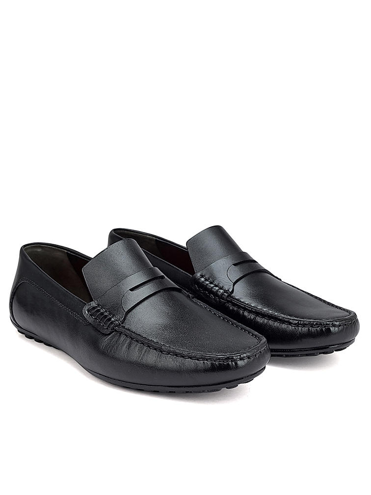 Black Plain Leather Moccasins