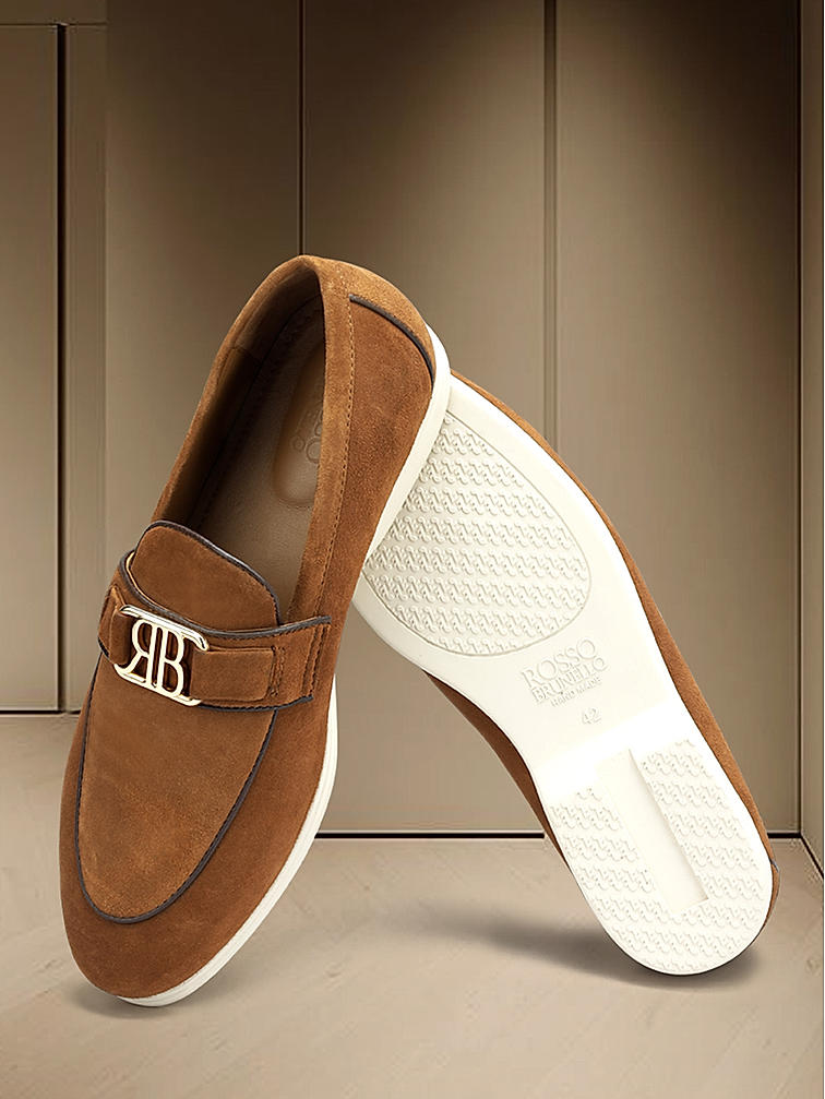 Brown Suede Loafers With Logo