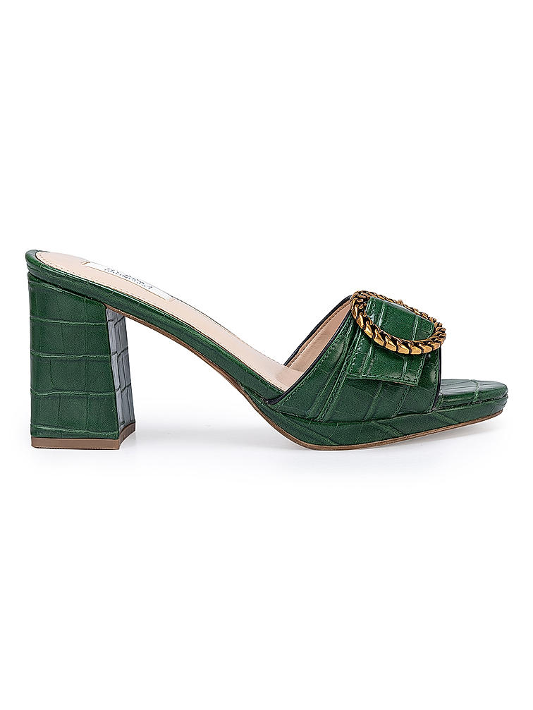 Green Croco Textured Block Heel