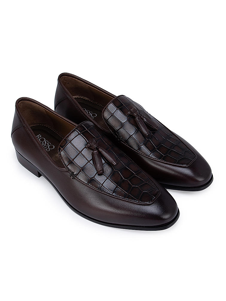 Coffee Croco Effect Loafers With Tassels