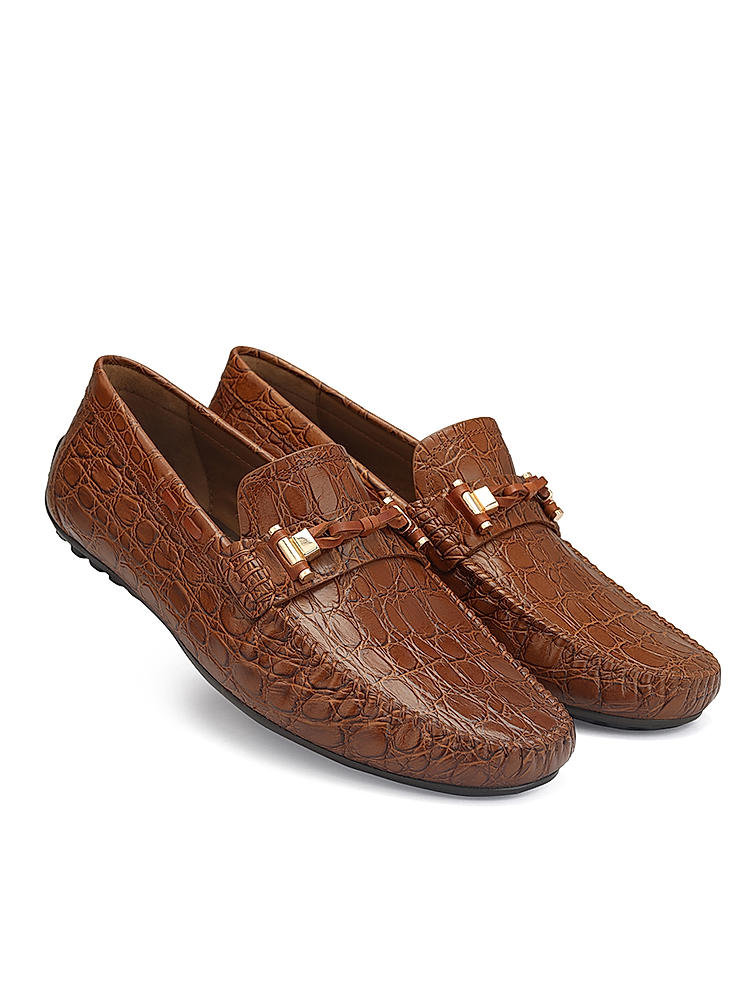 Tan Croco Textured Moccasins