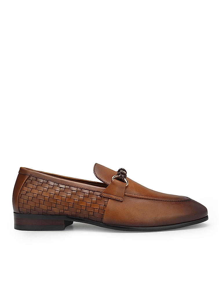 Tan Textured Loafers With Buckle