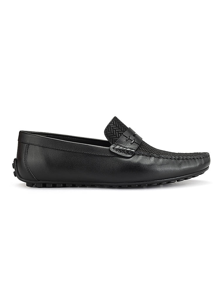 Black Textured Leather Moccasins