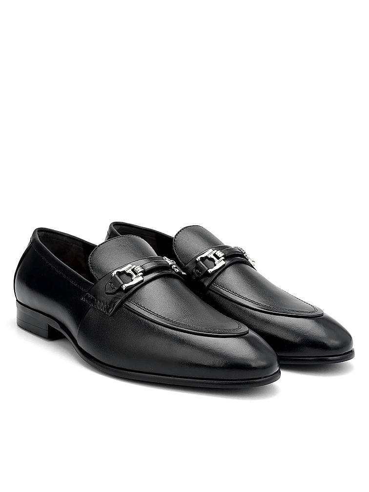 Black Embellished Leather Loafers