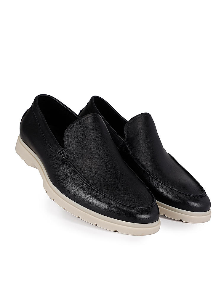 Black Leather Loafers With Contrast Sole