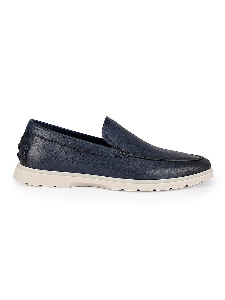 Navy Leather Loafers With Contrast Sole