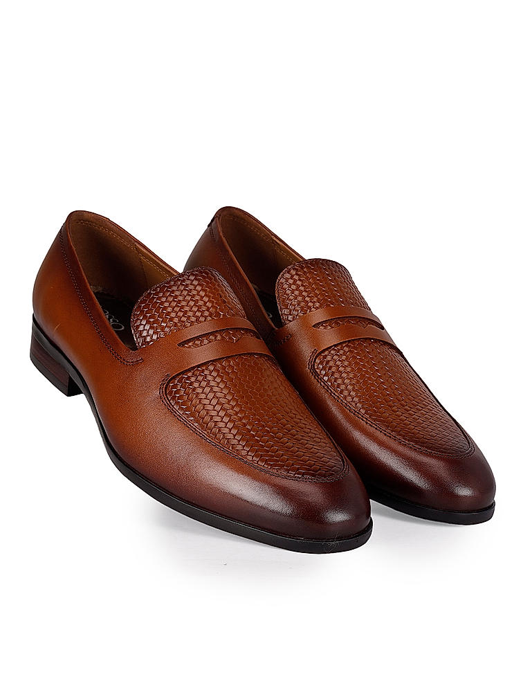 Tan Textured Leather Loafers