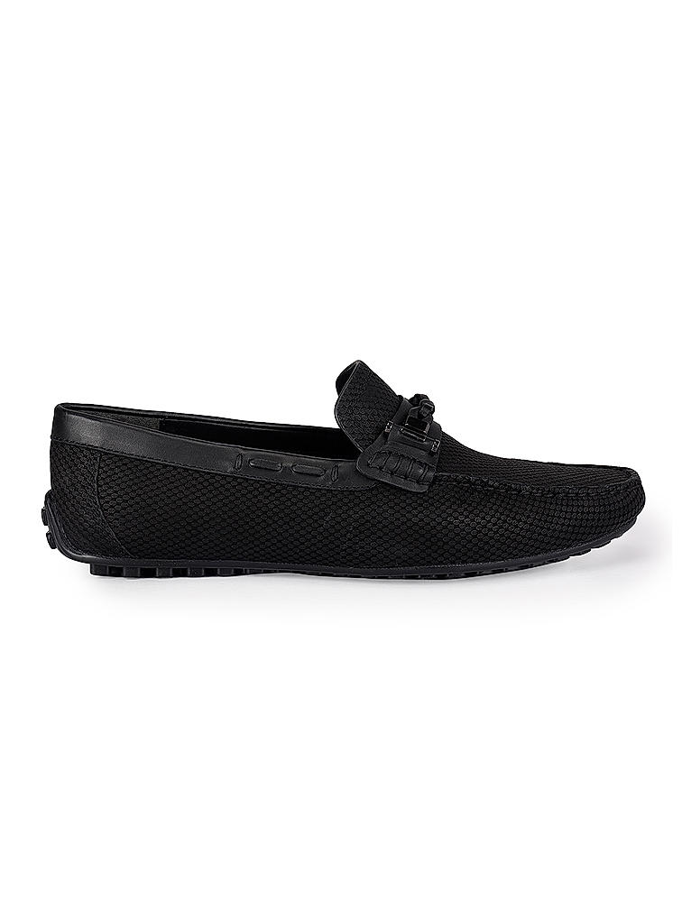 Black Printed Leather Moccasins