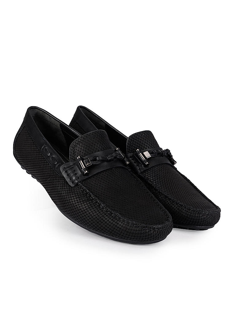 Black Printed Leather Moccasins