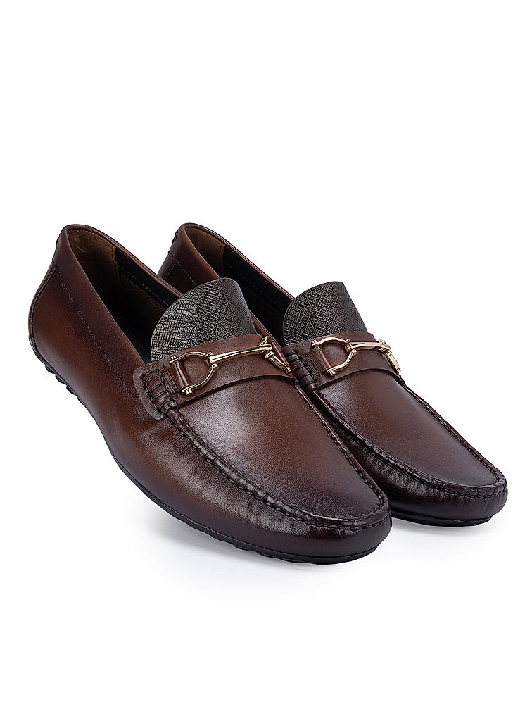 Coffee Leather Moccasins With Buckle